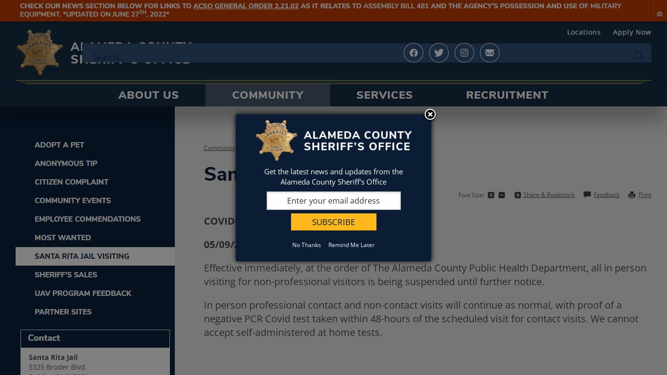 Santa Rita Jail Visiting | Alameda County Sheriff's Office, CA